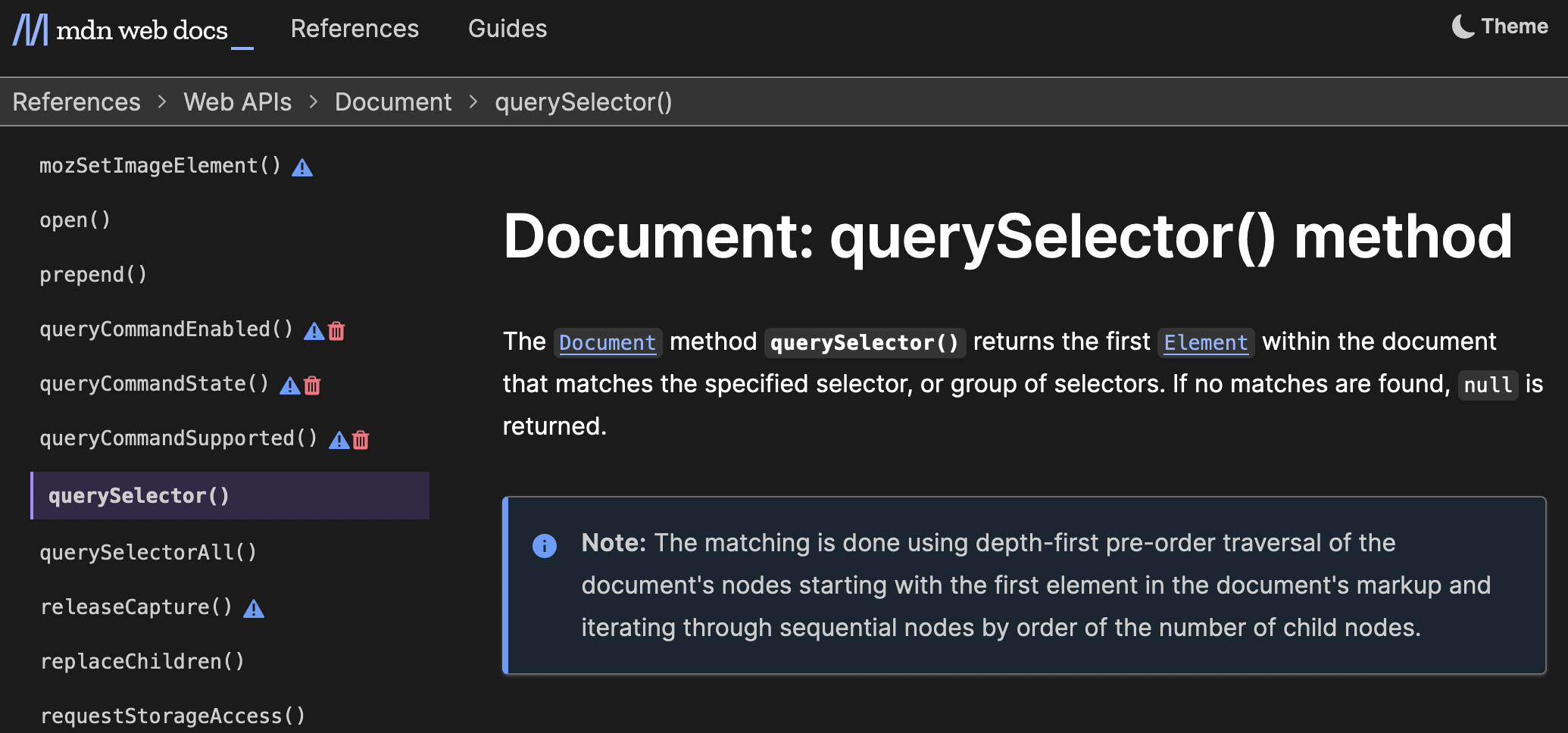 screenshot of new title for Document's querySelector() method, which reads 'Document: querySelector() method'