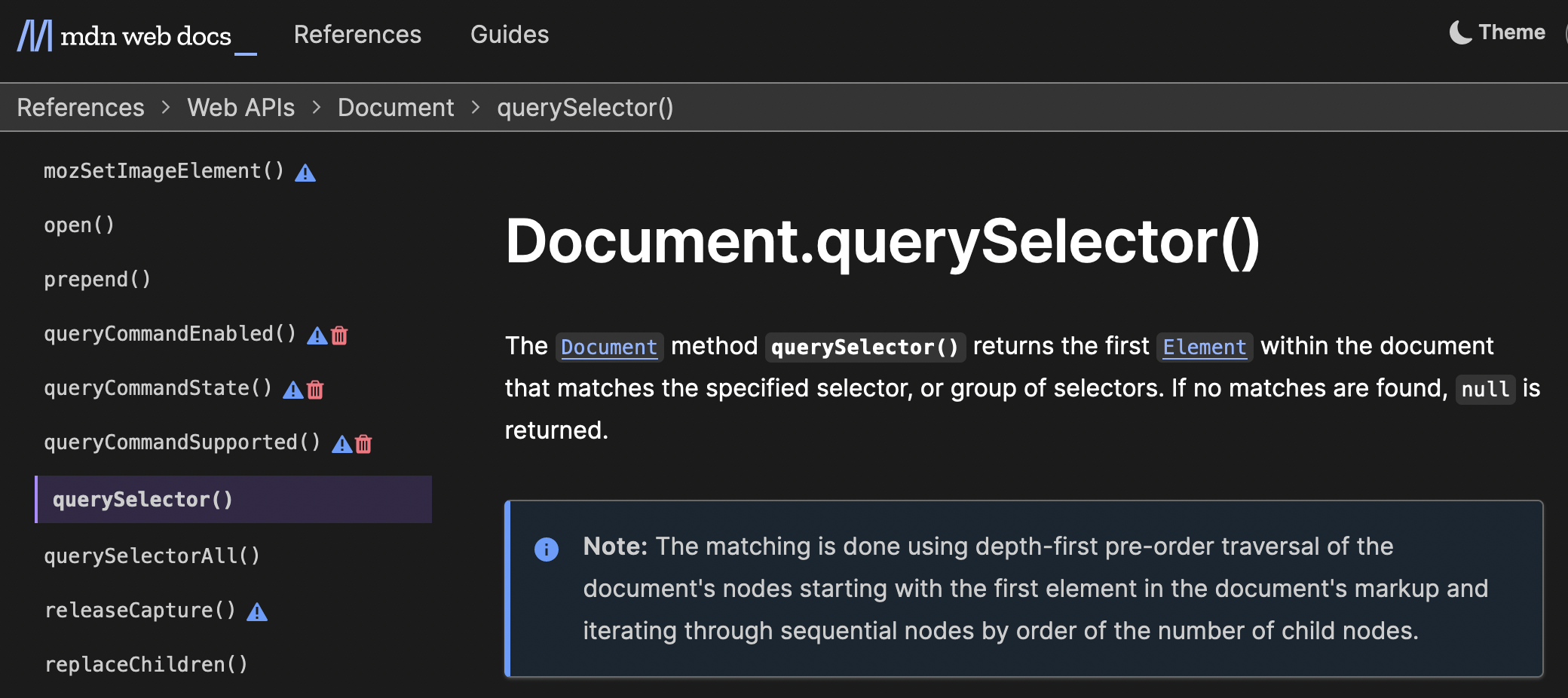 screenshot of old title for Document's querySelector() method, which reads 'Document.querySelector()'