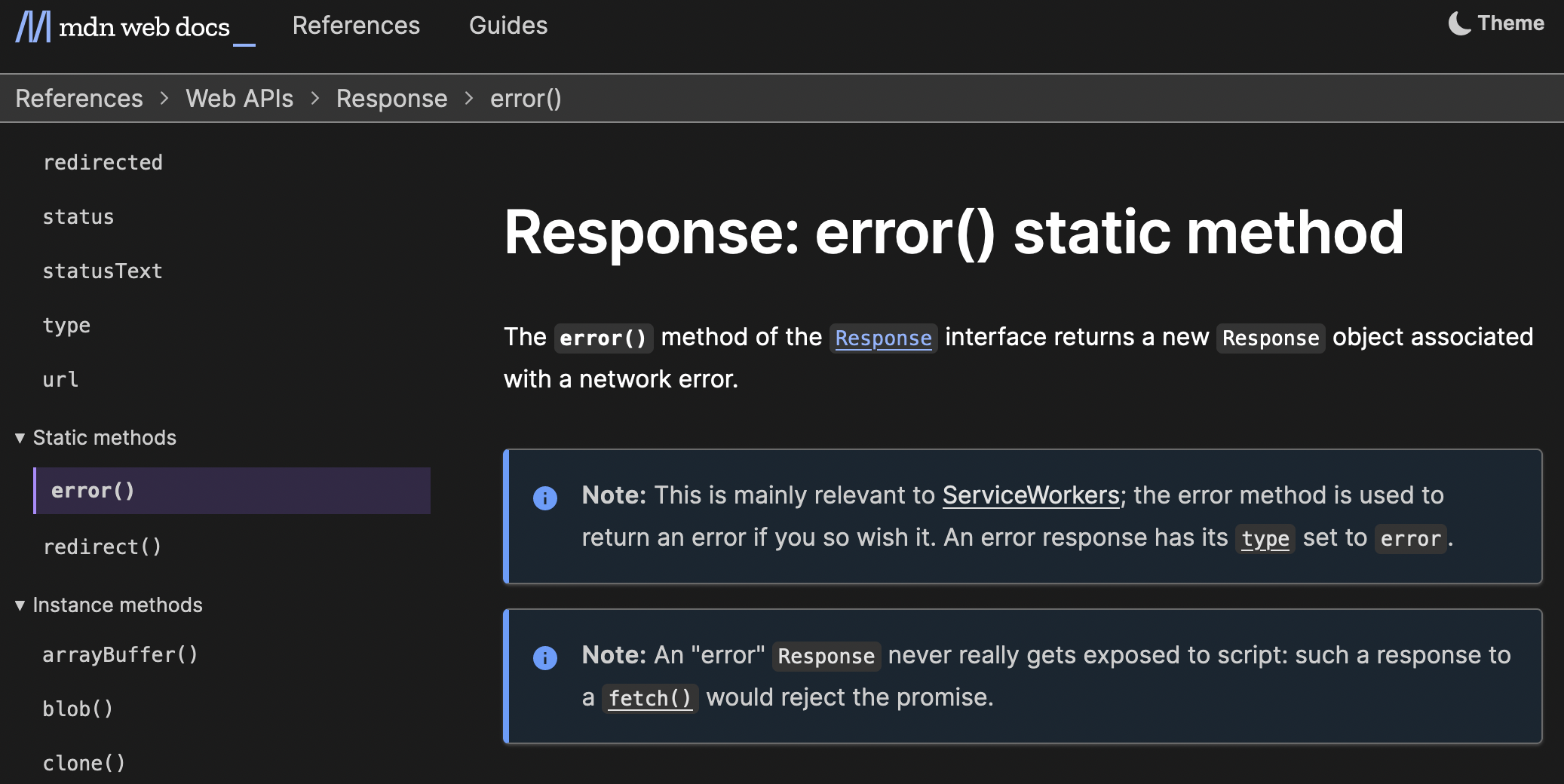screenshot of new title for Response's static error() method, which reads 'Response: error() static method'